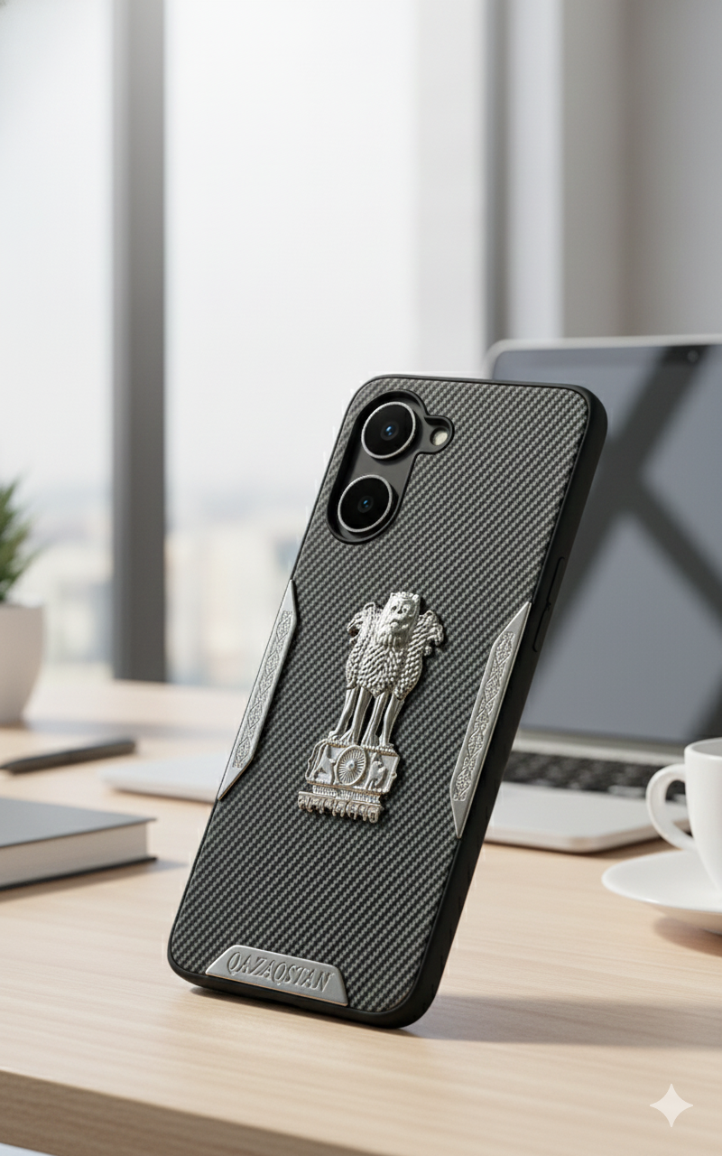 Ashoka Emblem Back Cover for OPPO A58 5G | Carbon Fiber Finish | Premium Metallic Design | Shockproof Case