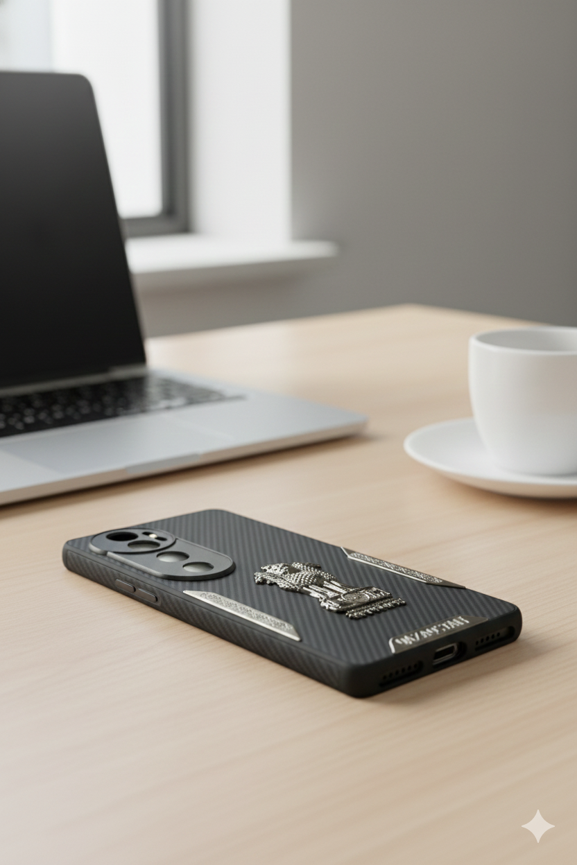 Ashoka Emblem Back Cover for Vivo V40 | Carbon Fiber Finish | Premium Metallic Design | Shockproof Case