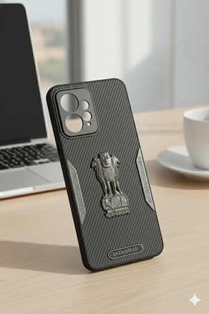 Ashoka Emblem Back Cover for Redmi Note 12 | Carbon Fiber Finish | Premium Metallic Design | Shockproof Case