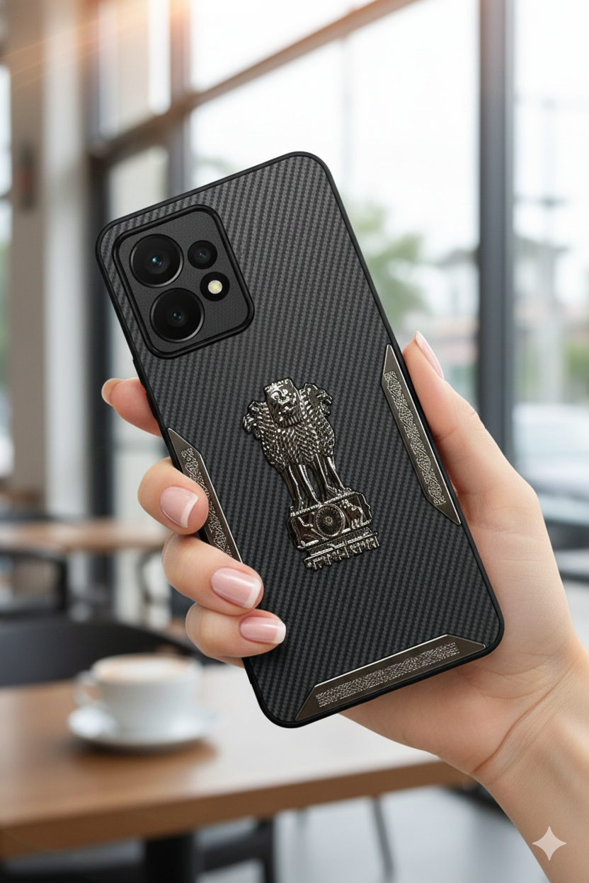 Ashoka Emblem Back Cover for Redmi Note 12 | Carbon Fiber Finish | Premium Metallic Design | Shockproof Case