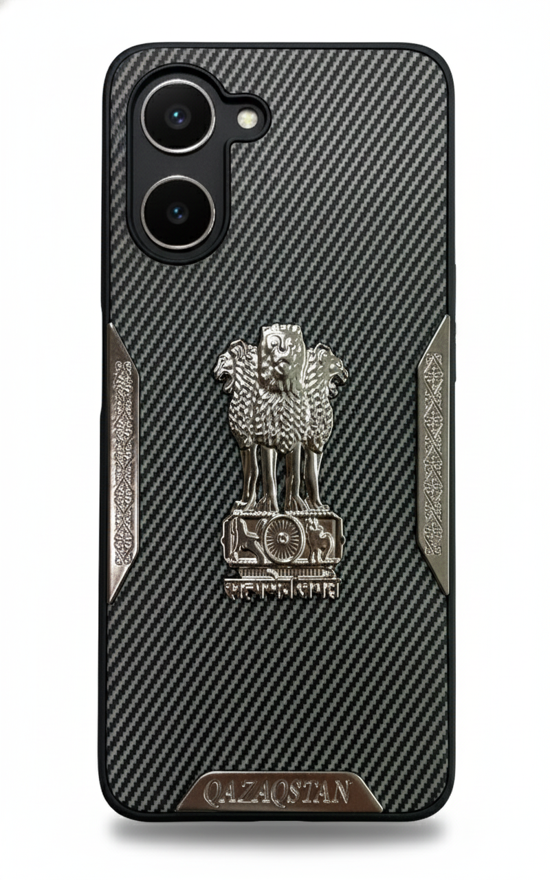 Ashoka Emblem Back Cover for OPPO A58 5G | Carbon Fiber Finish | Premium Metallic Design | Shockproof Case