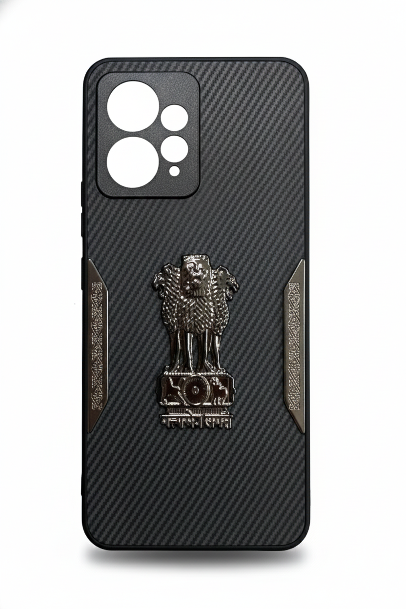 Ashoka Emblem Back Cover for Redmi Note 12 | Carbon Fiber Finish | Premium Metallic Design | Shockproof Case