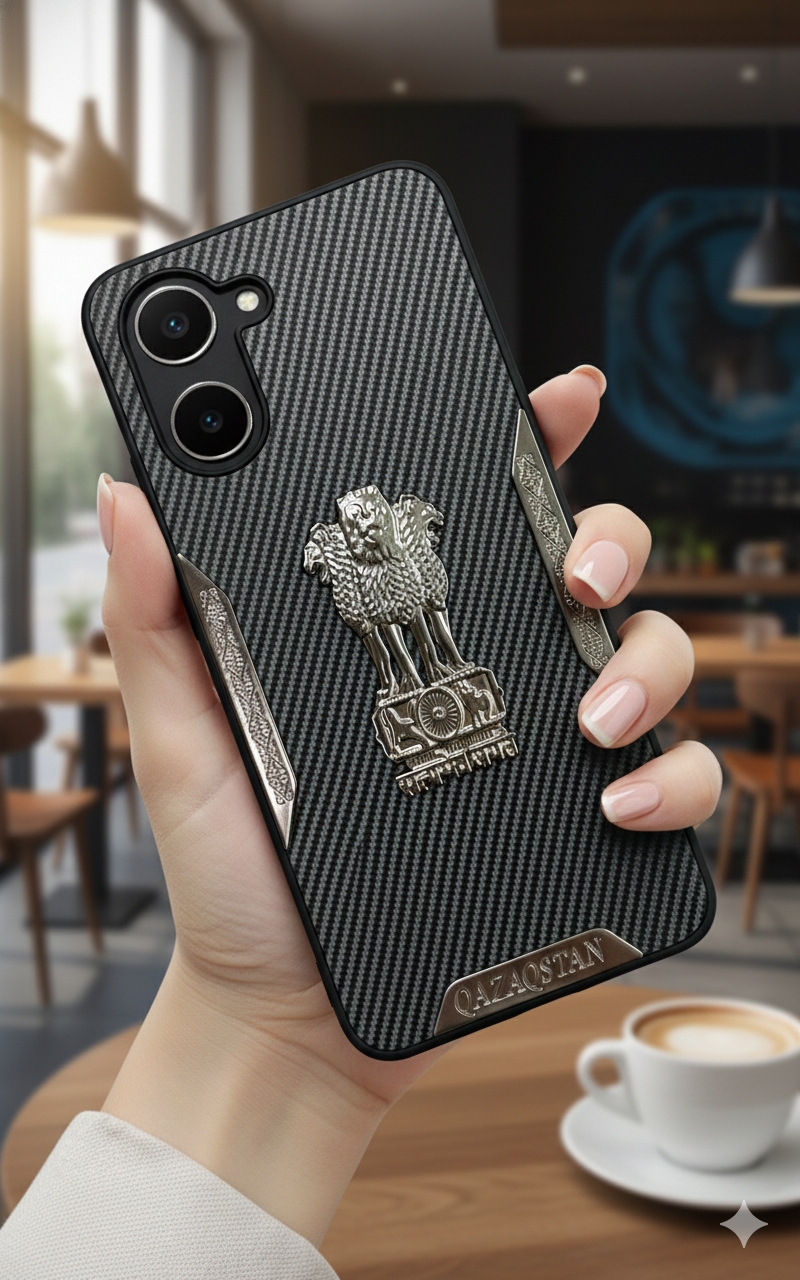 Ashoka Emblem Back Cover for OPPO A58 5G | Carbon Fiber Finish | Premium Metallic Design | Shockproof Case