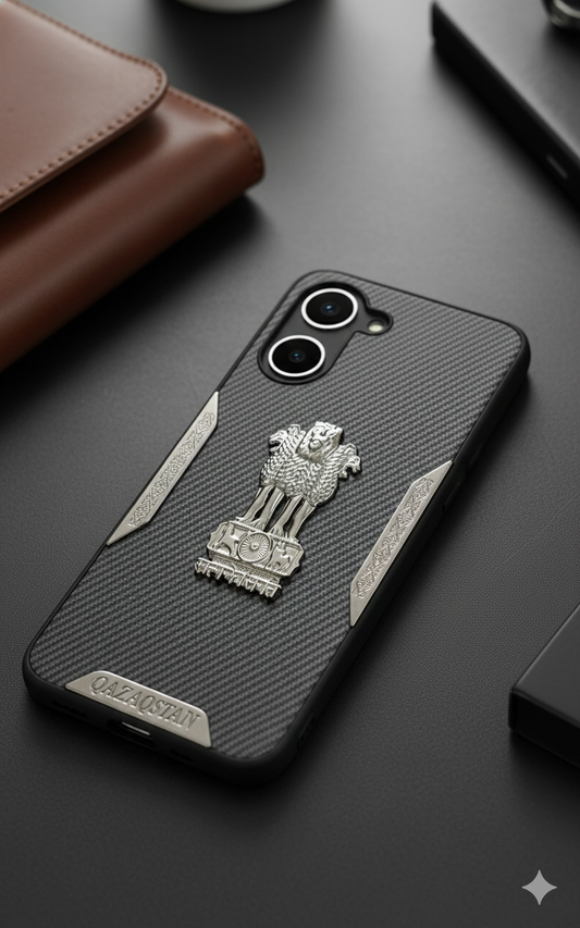 Ashoka Emblem Back Cover for OPPO A58 5G | Carbon Fiber Finish | Premium Metallic Design | Shockproof Case